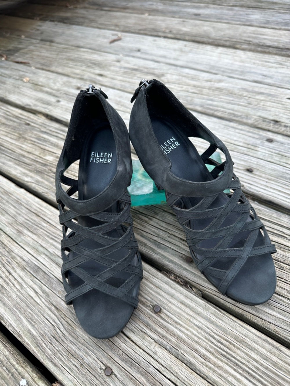 Eileen Fisher Black Strappy Suede Heeled Sandals
